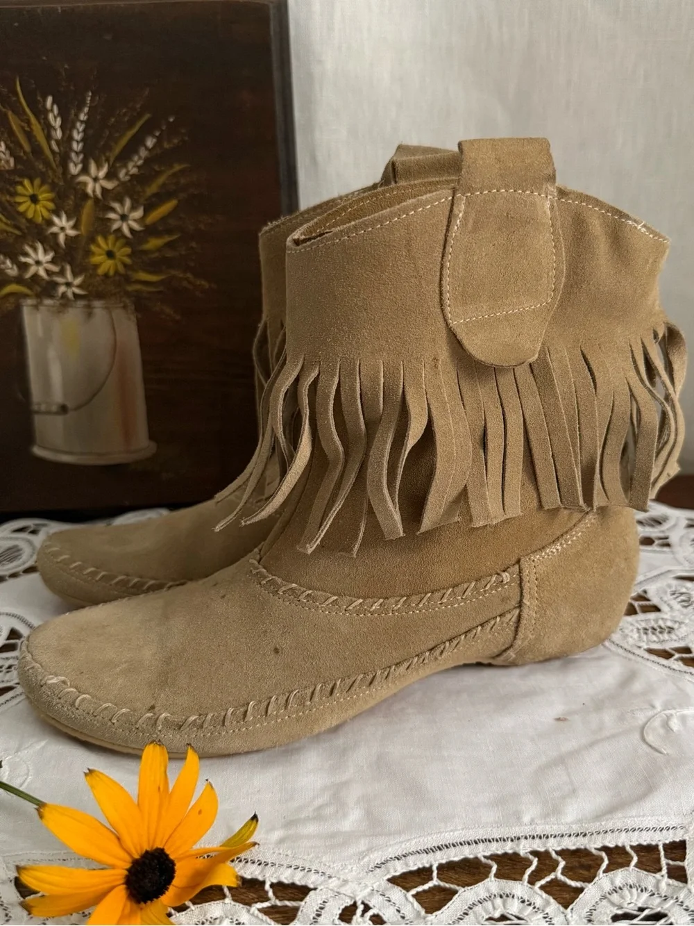 Sundance Suede Fringe Moccasin Ankle Boots 36 US 6 Beige Boho Italy Booties
